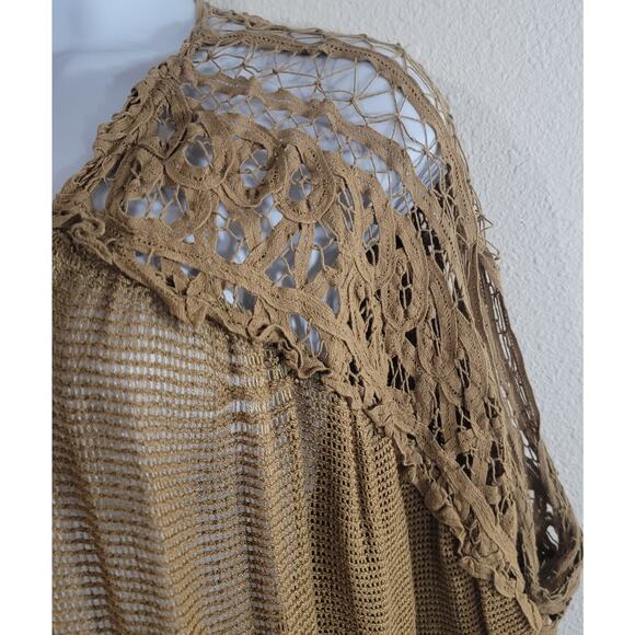 By Bke Brown Gold Draped Open Front Knit Cardigan One Size Crochet Shoulder Boho - Picture 2 of 6